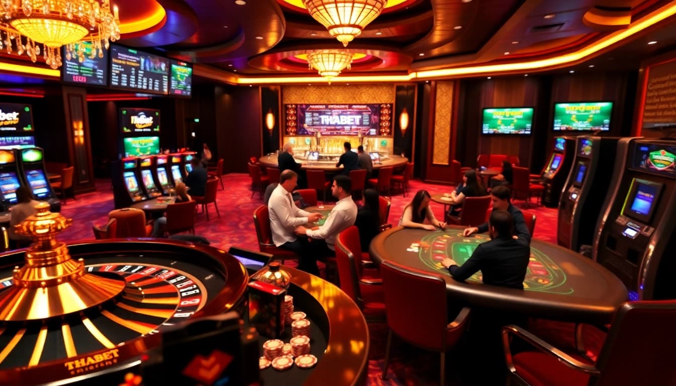 Players enjoying games at THABET Casino, featuring roulette and poker, showcasing excitement.