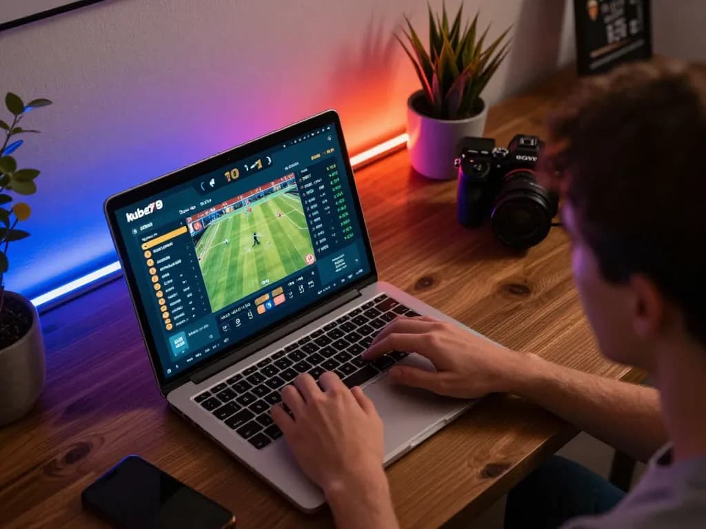 Engaging in online sports betting on kubet79 with live odds displayed on a laptop screen.