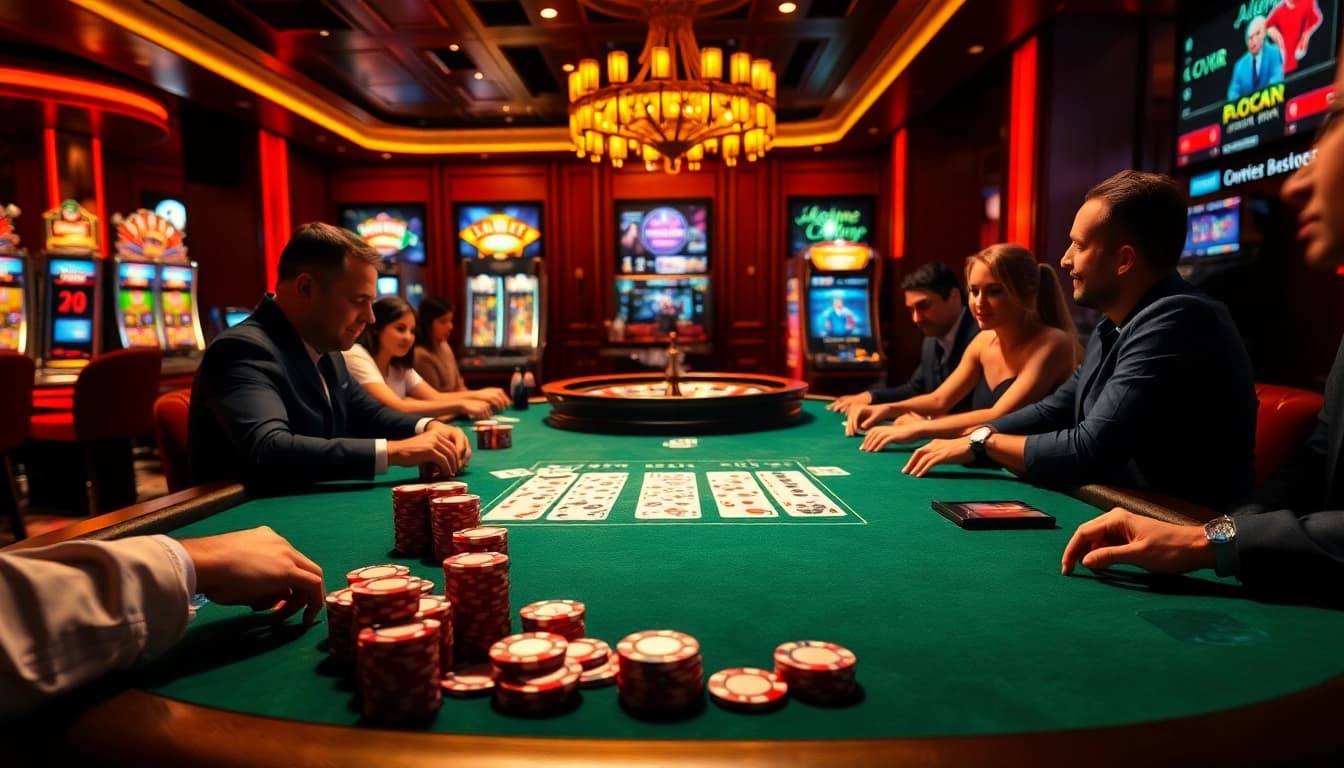 C168 cc poker players engaging at a high-stakes table with vibrant casino elements.