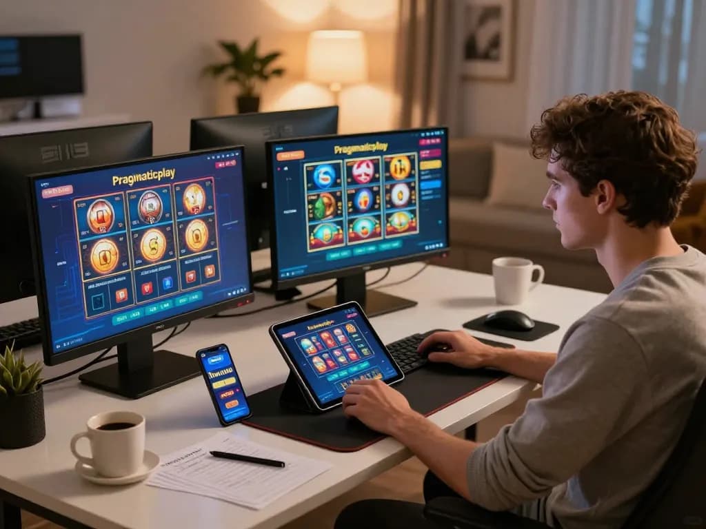 Player engaging with Pragmaticplay slots on a tablet, relaxed home setting with strategic notes.
