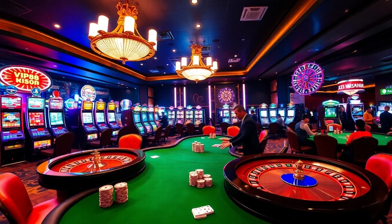 Exciting casino scene showcasing Vip88 slot machines and poker tables filled with action.