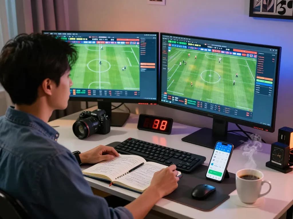 Live betting analysis for kèo nhà cái with monitors showing current odds and match stats.