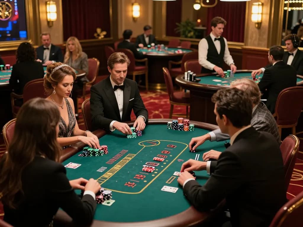 Players engage with their hands at gk88 blackjack table in a vibrant casino scene