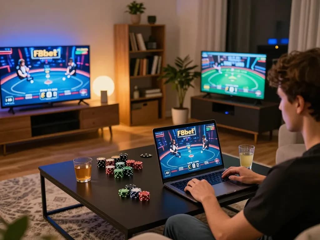 Enjoying a thrilling online poker game on F8bet from a stylish home setup
