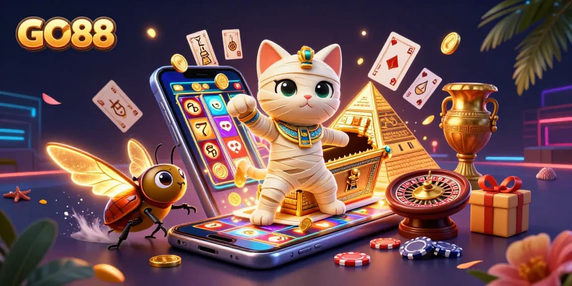 Experience GO88 magic with a cartoon mummy cat and scarab in a vibrant casino scene.