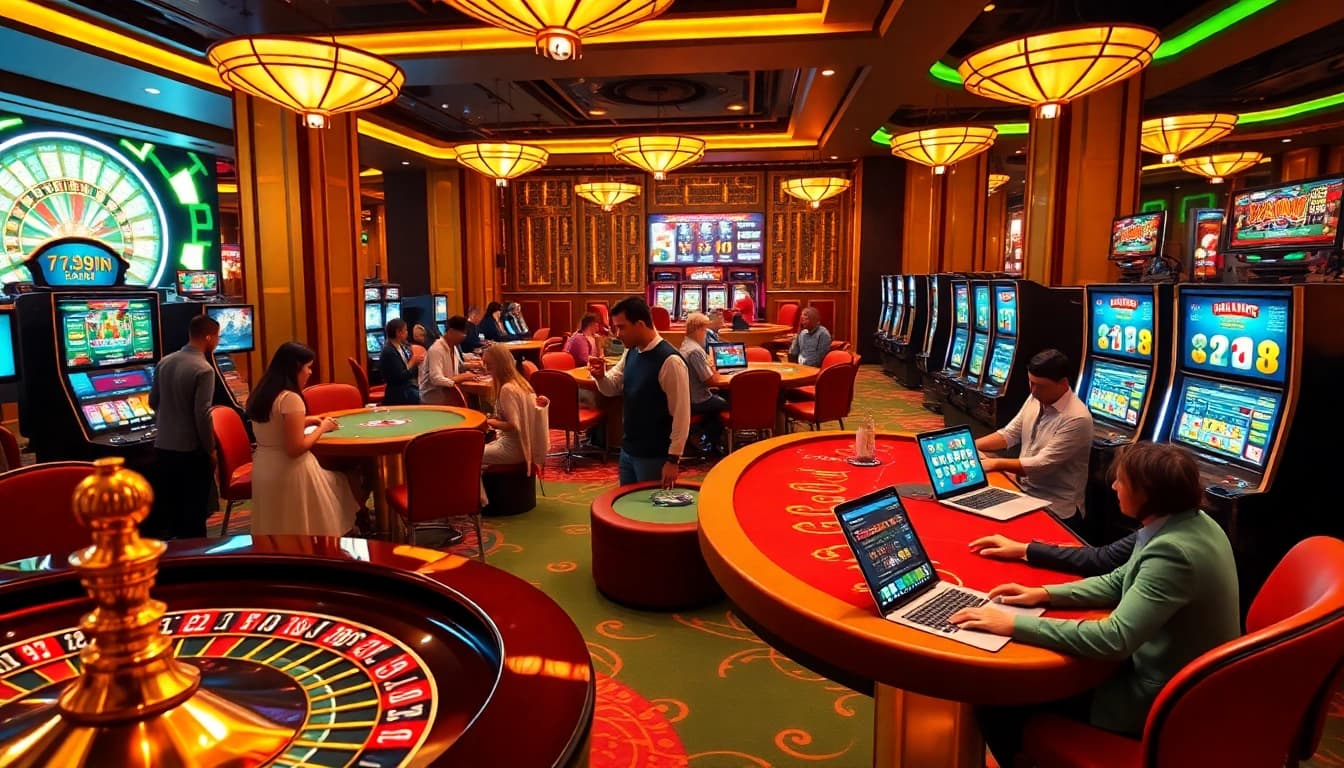 A dynamic online casino scene featuring players engaged in 789win gaming excitement at roulette and poker tables.