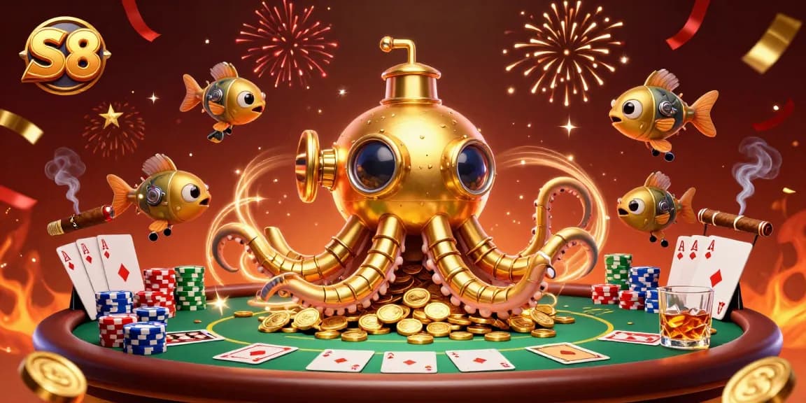 The S8 gaming experience features a golden kraken submarine and poker table amidst golden coins.