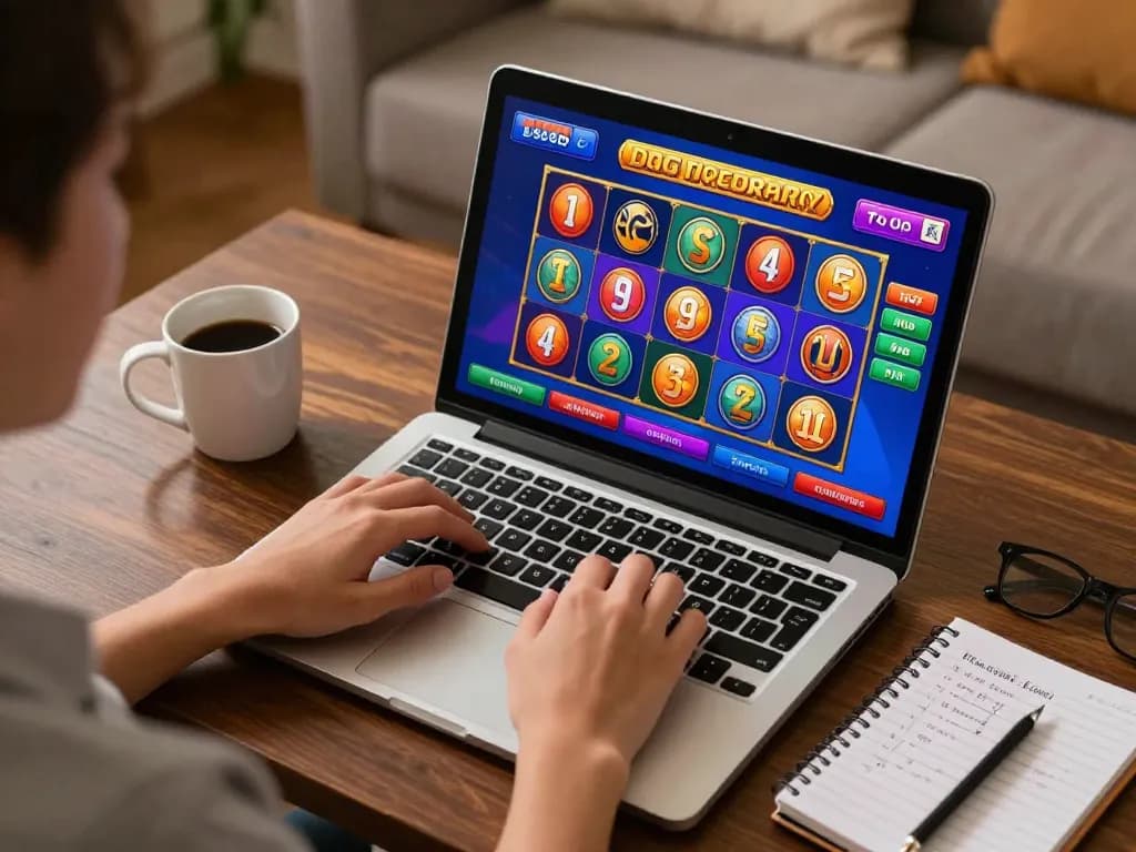Player engaging with the 99ok online casino slots, showcasing vibrant gameplay and strategic notes.