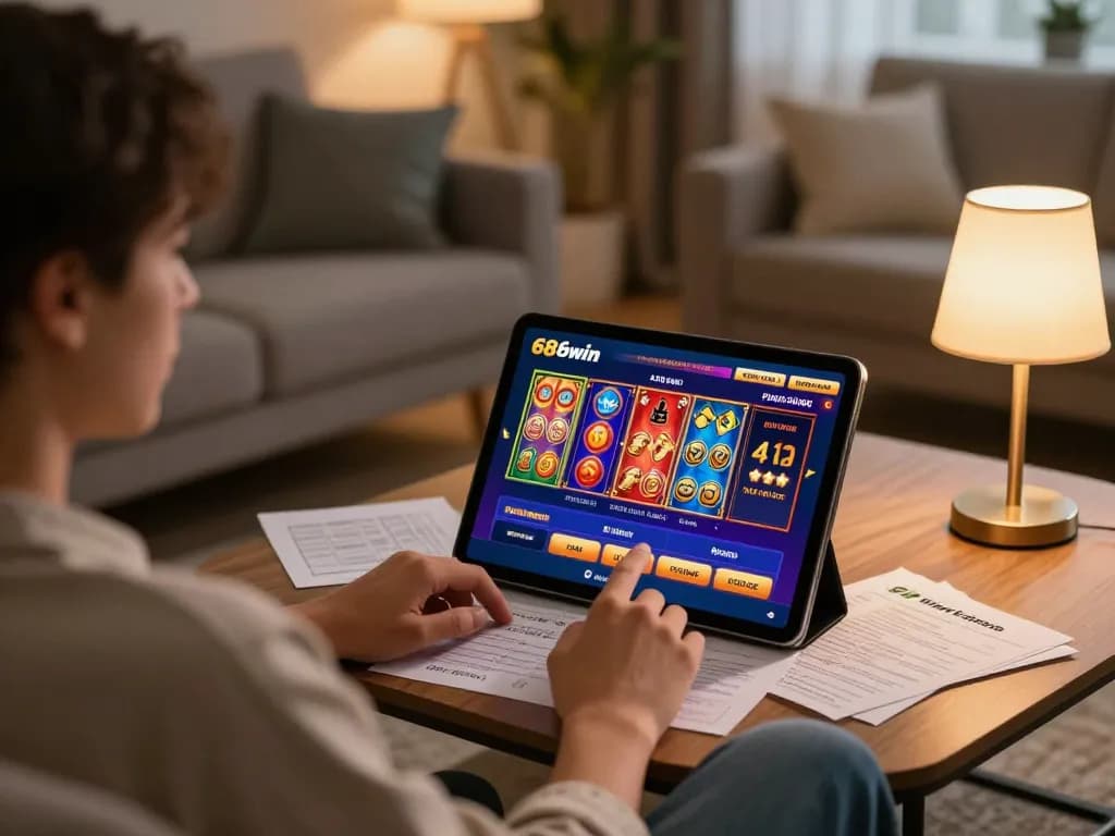 Player engaged with 68win online betting app, showcasing a cozy home gaming scenario