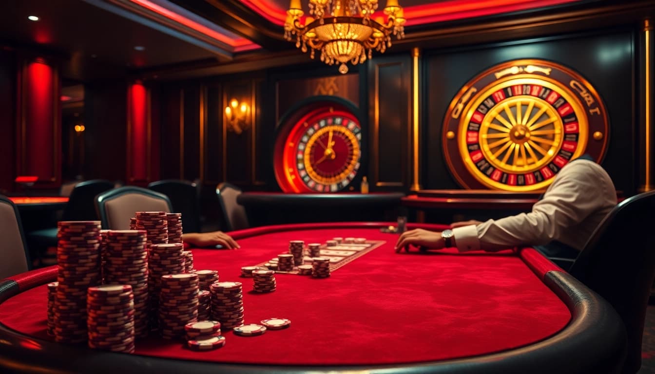 Players strategizing at an HM88 poker table in a luxurious casino environment.