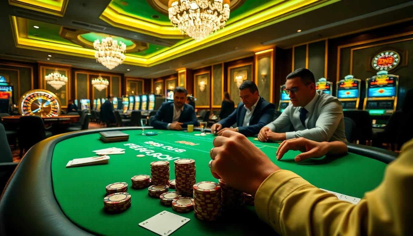 Players at RR88 casino engaged in poker under vibrant lighting with slot machines in background.