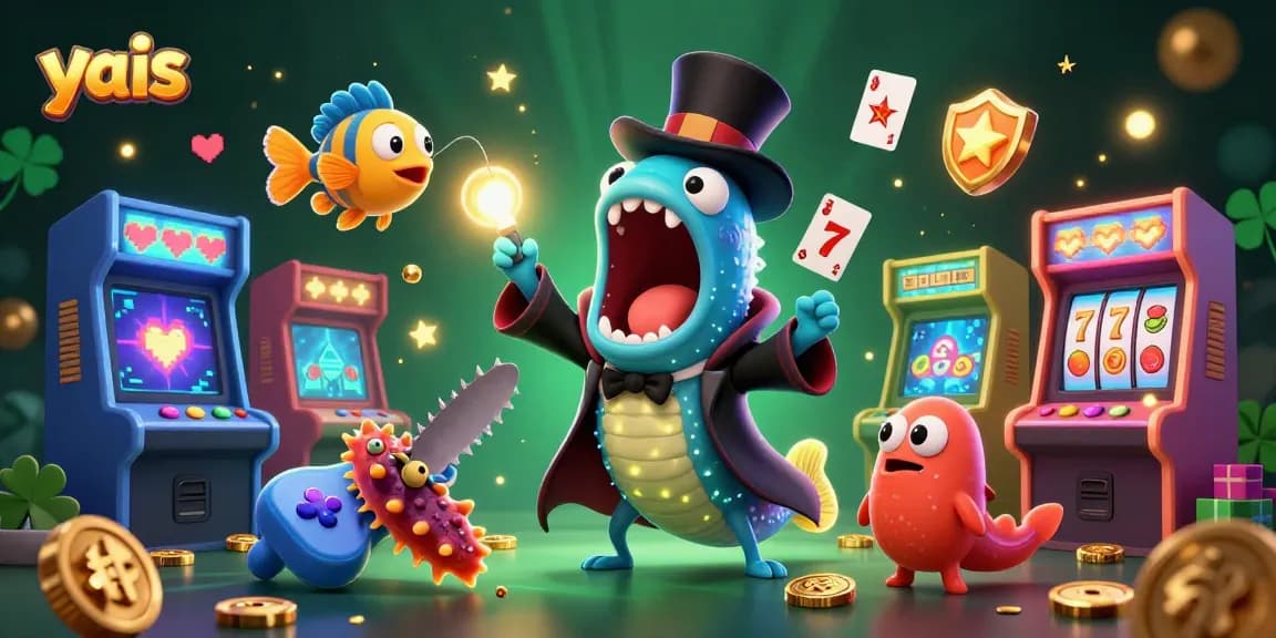 yais illuminates the casino scene as a gulper eel performs card tricks with vibrant slot machines around.