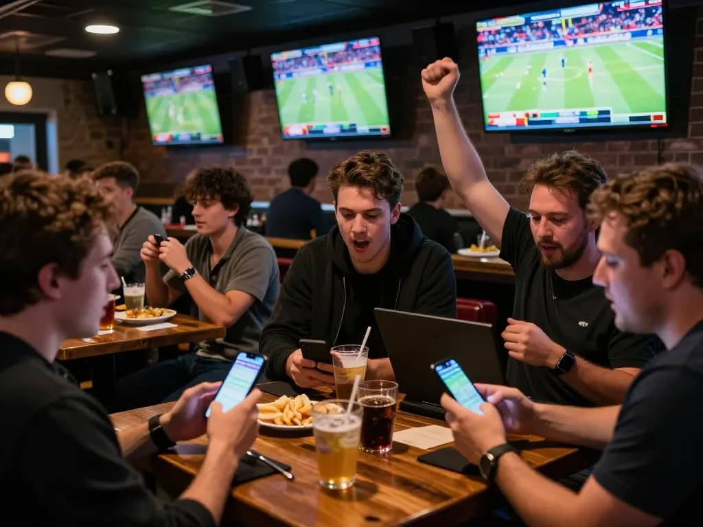 Fans placing live bets on tip88 during an exciting sports event at a bustling sports bar.