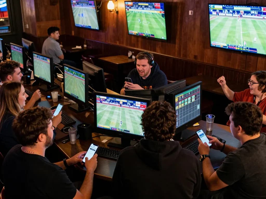 Gamblers engaging in sports betting excitement at bar, dagago app visible on smartphones