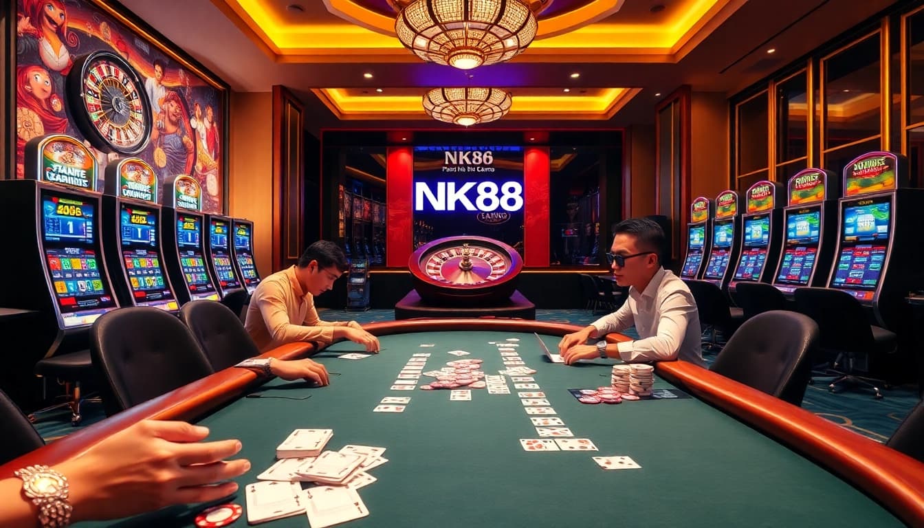 NK88 poker table in an exciting casino scene filled with vibrant chips and roulette wheel.