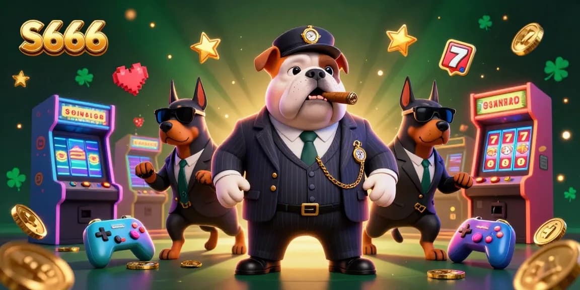 S666 casino-themed illustration showcasing a mafia boss bulldog and bodyguards, surrounded by gaming elements.