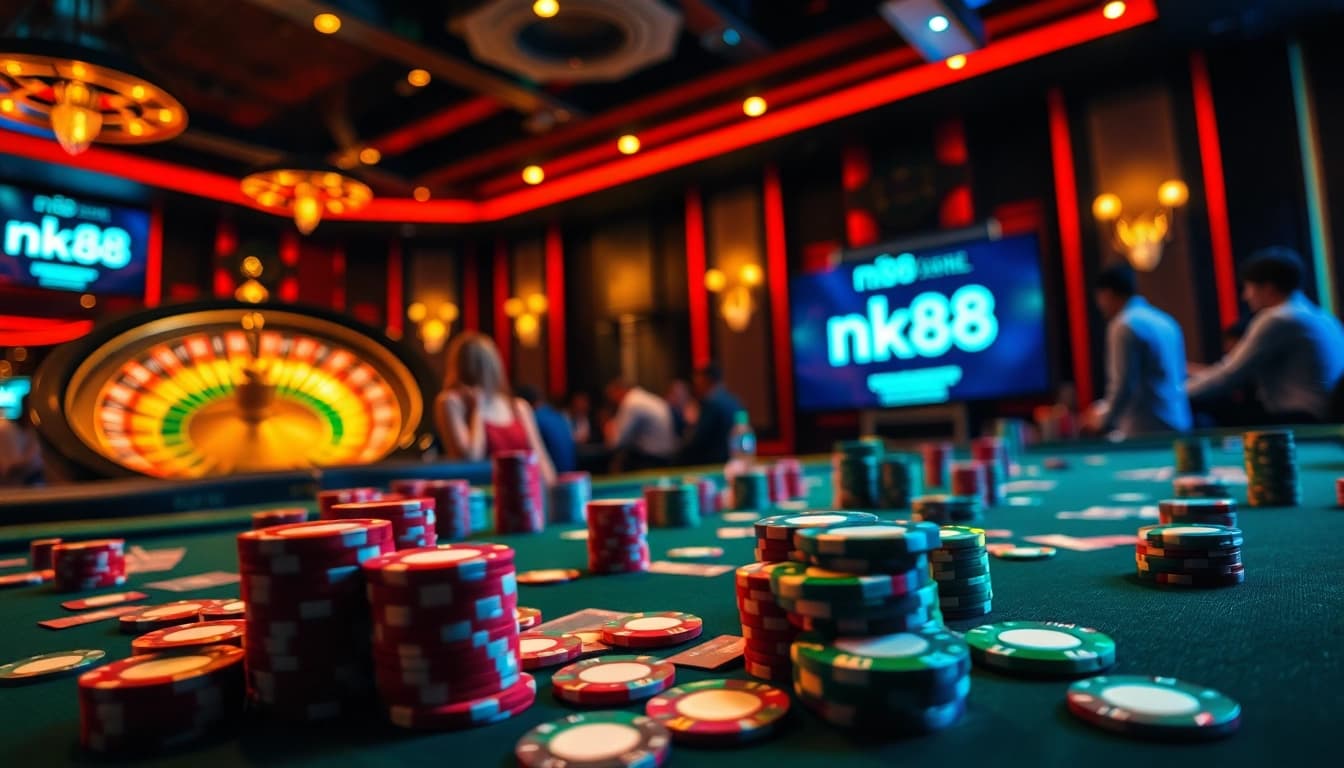 Experience the excitement of nk88 with a vibrant casino poker scene featuring colorful chips and cards.