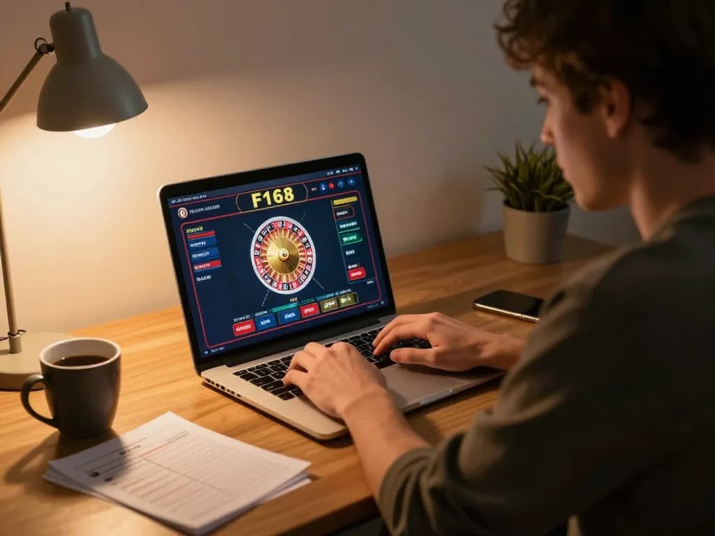 Player enjoying a live dealer game at F168 online casino from a cozy home setup, emphasizing responsible gaming.