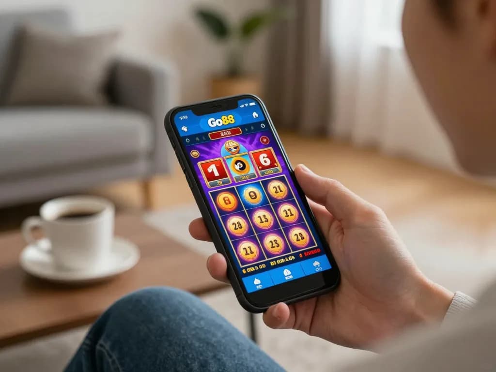 Enjoying a fun gaming experience on Go88 app with smartphone in hand.