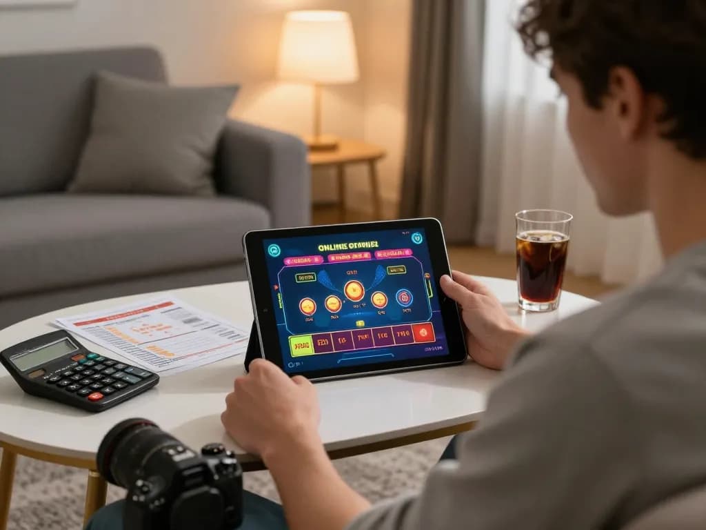 Player enjoying online betting on kuwin tablet in cozy living room with strategic notes and drinks.