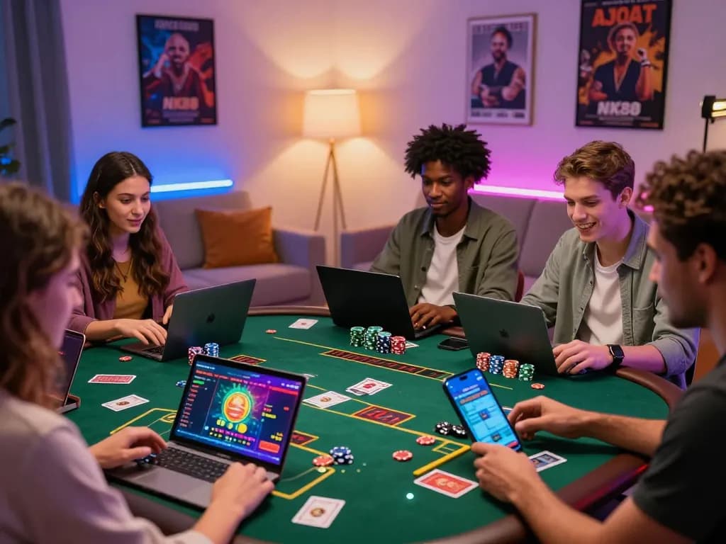 Exciting NK88 online gambling scene with friends playing live casino games, vibrant atmosphere and technology