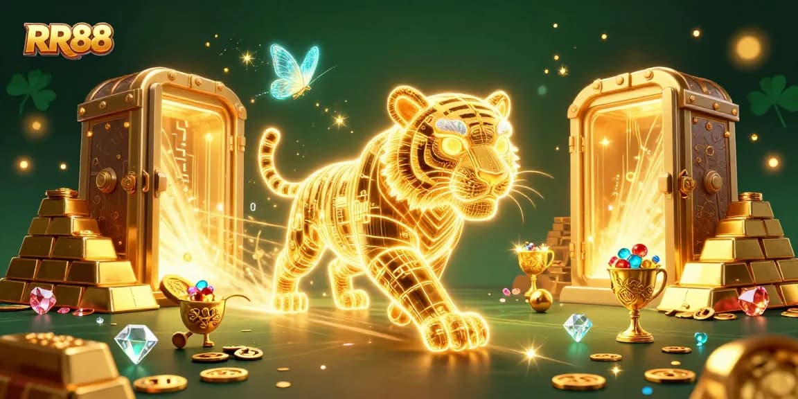 Experience thrilling RR88 casino adventures with a neon tiger amidst dazzling treasures.