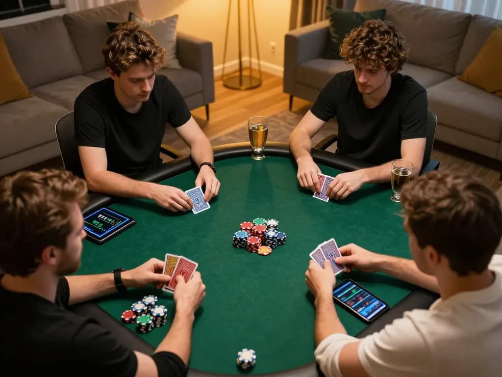 Engaged players in an online poker game applying 7m betting strategies at home.