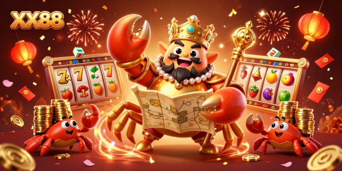Engage with XX88's thrilling slots, featuring the majestic golden crab emperor and festive casino elements.