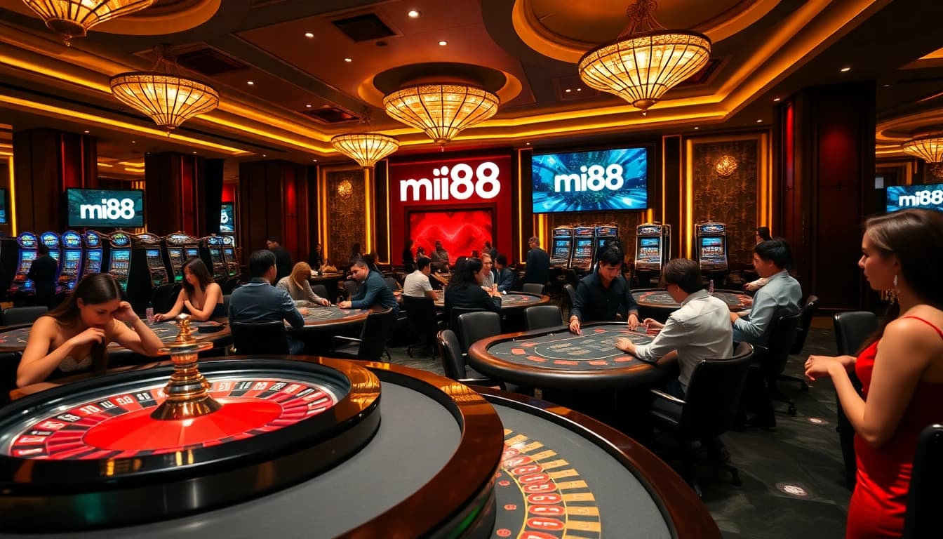 Engaged gamblers at mi88 casino enjoying a thrilling game experience amidst luxurious decor.