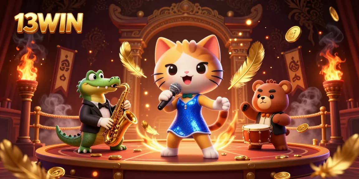 Experience the vibrant action at 13WIN with a lively casino stage scene featuring dynamic characters.