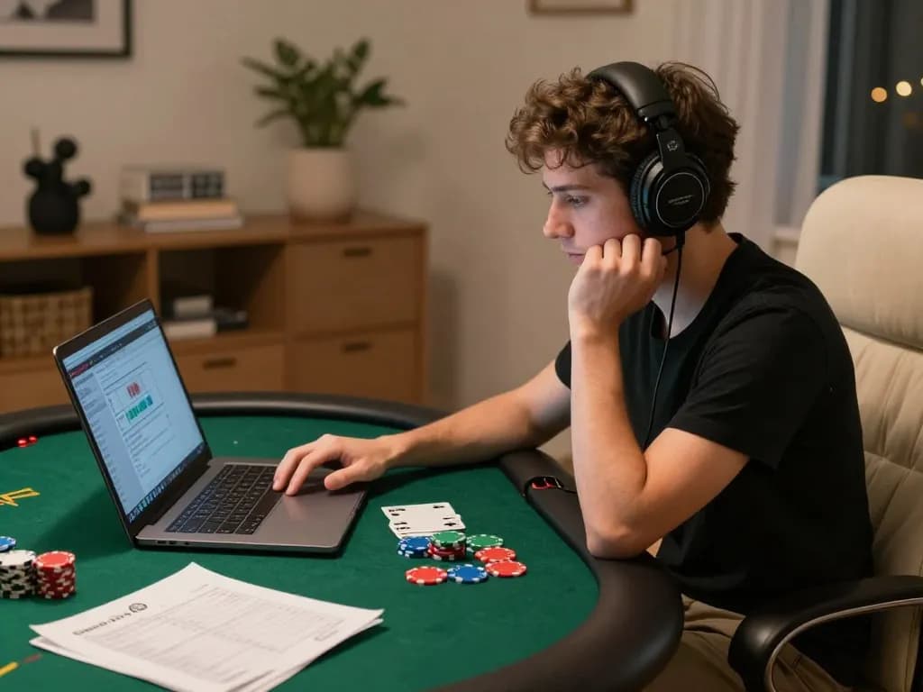 cm88 user engaging in online poker game strategy with cozy home setup for responsible gambling