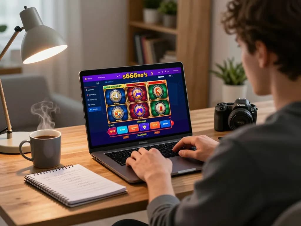 Engaged player using s666no1 online casino platform in a cozy home office environment.