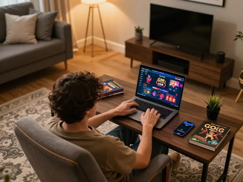 Person using GO8 casino on laptop in a cozy home gaming setup with warm lighting.