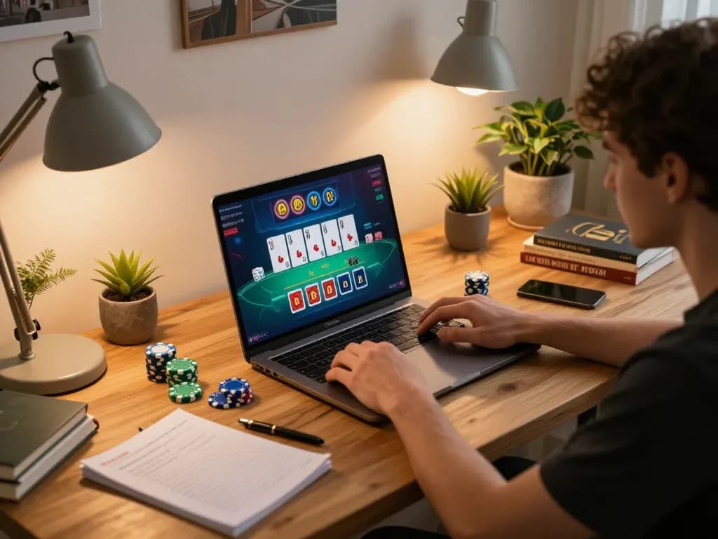 Player engaging in an intense blackjack game on u888's online platform, showcasing strategic gameplay and a comfortable home setting