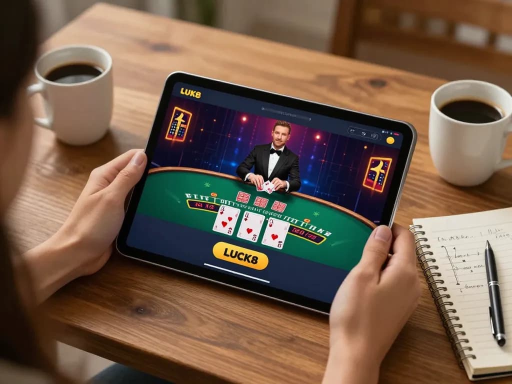 Người dùng tham gia chơi blackjack nhà cái trực tiếp LUCK8 trên máy tính bảng tại một không gian ấm cúng ở nhà.