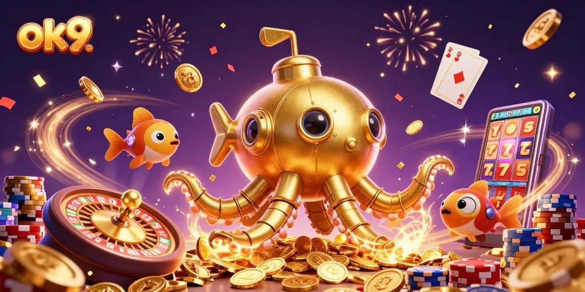 Experience thrilling games at ok9 with stunning animations of golden kraken and casino elements.