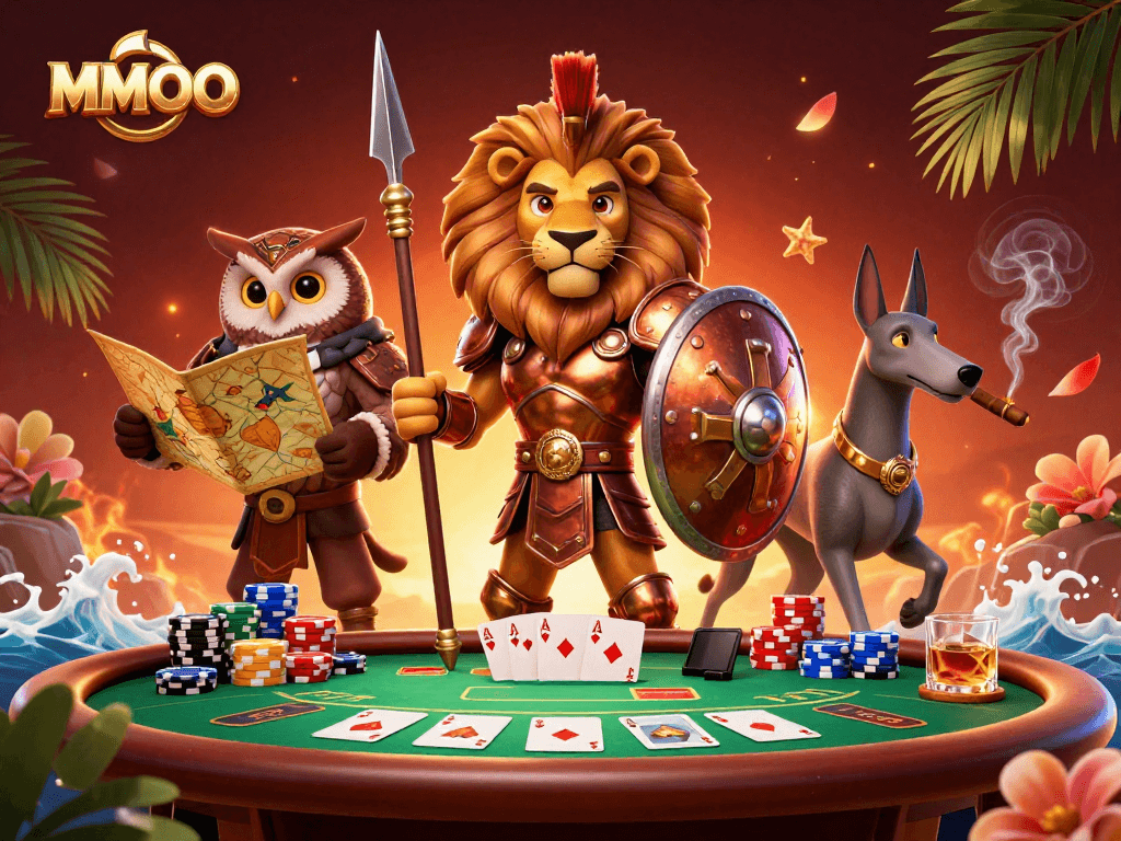Play poker strategically with MMOO's vibrant ambiance, showcasing an epic gaming scene with colorful chips.