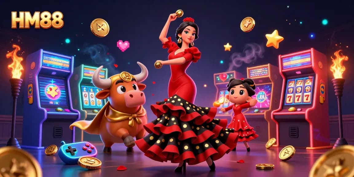 Engage with HM88's thrilling experience featuring a dynamic scene of gaming joy, vibrant casino aesthetics, and exciting characters.