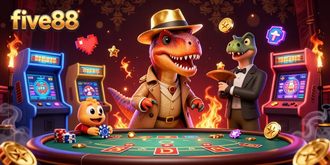 Join the fun at five88 with cartoon dinosaurs at a blackjack table in this vibrant casino scene.