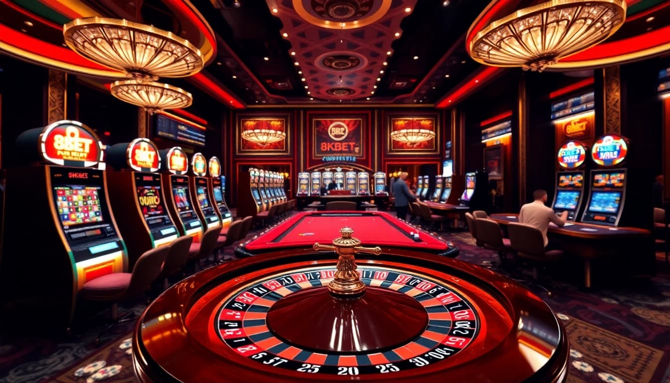 Experience 8KBET excitement at a luxurious casino with vibrant colors and thrilling games.