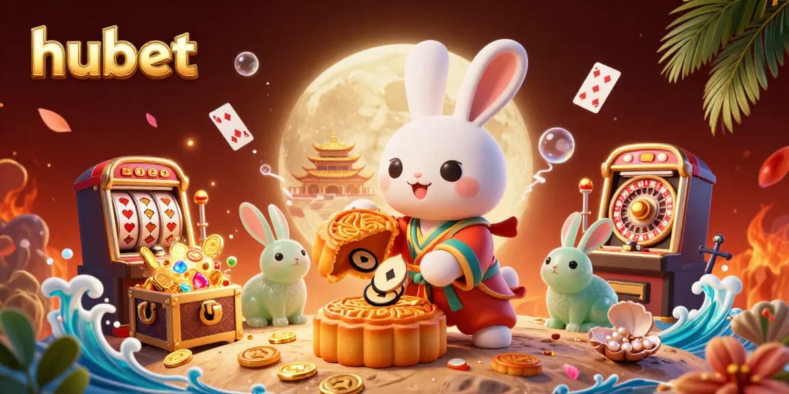 Play slots at hubet with the moon rabbit winning poker chips and treasures in a vibrant scene.