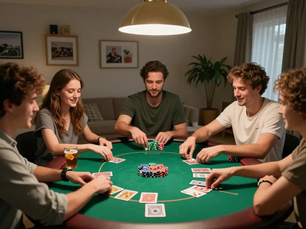 Players enjoying a poker night with friends at home featuring nhà cái 13WIN gameplay, cards and chips highlighting excitement.