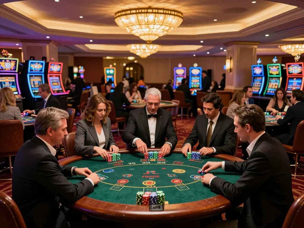 Players at a blackjack table in an upscale casino, betting strategically with chips, TT88 gaming experience.