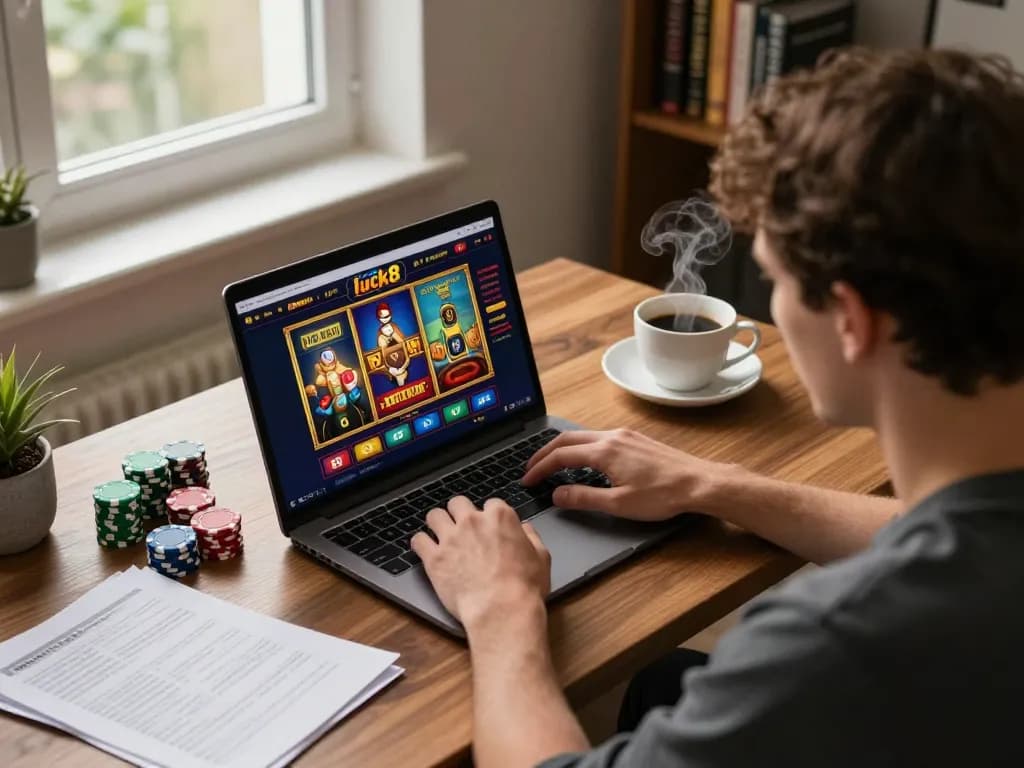 Player engaging with luck8 casino app at home, surrounded by poker chips and strategy notes