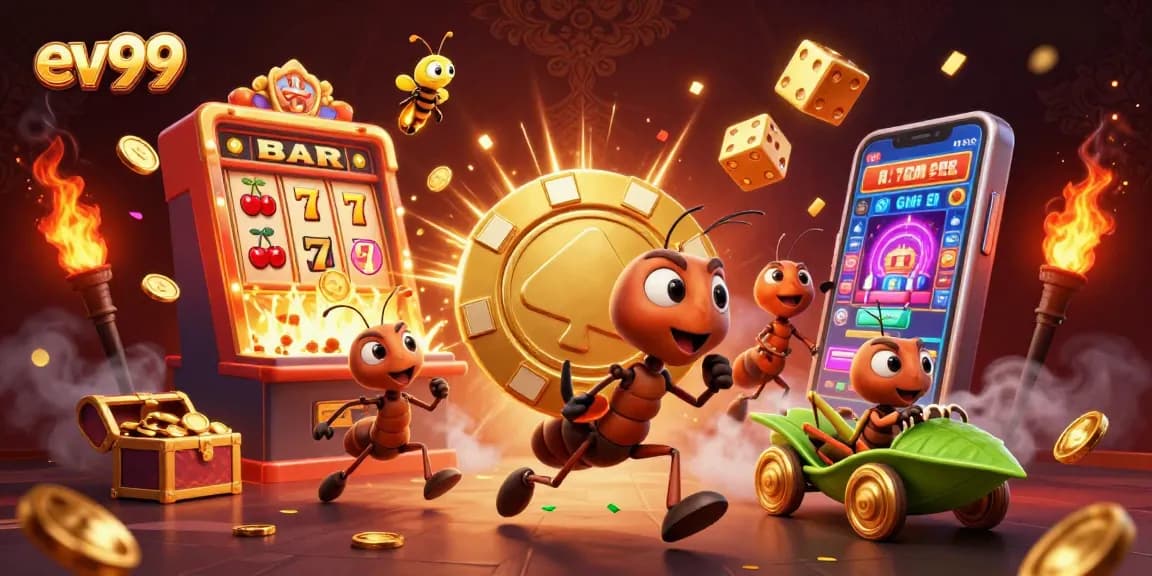 Ev99 ants heist for golden poker chip in a vibrant underground casino scene.