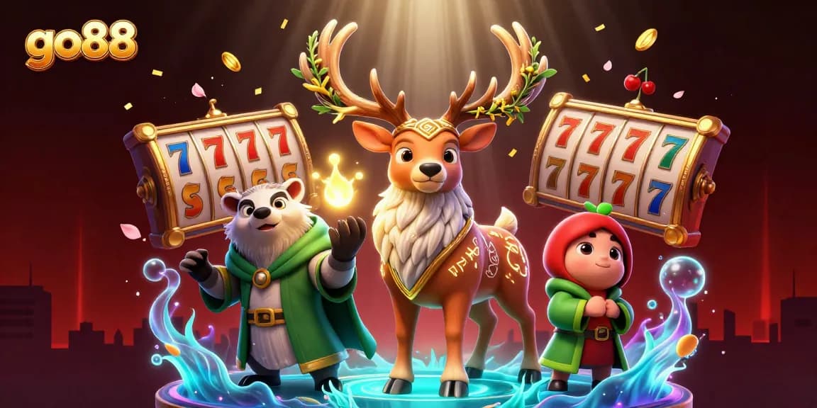 Experience thrilling gaming adventures at go88 with lively 3D characters and casino-themed elements.