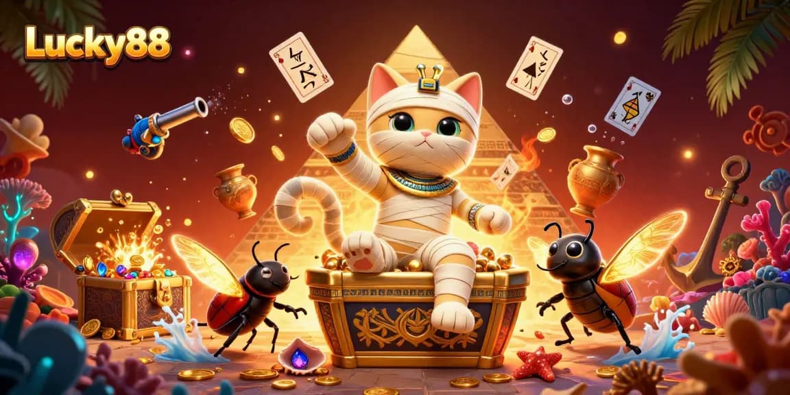 Experience the thrilling Lucky88 casino adventure with a mummy cat, scarab, and golden glory!