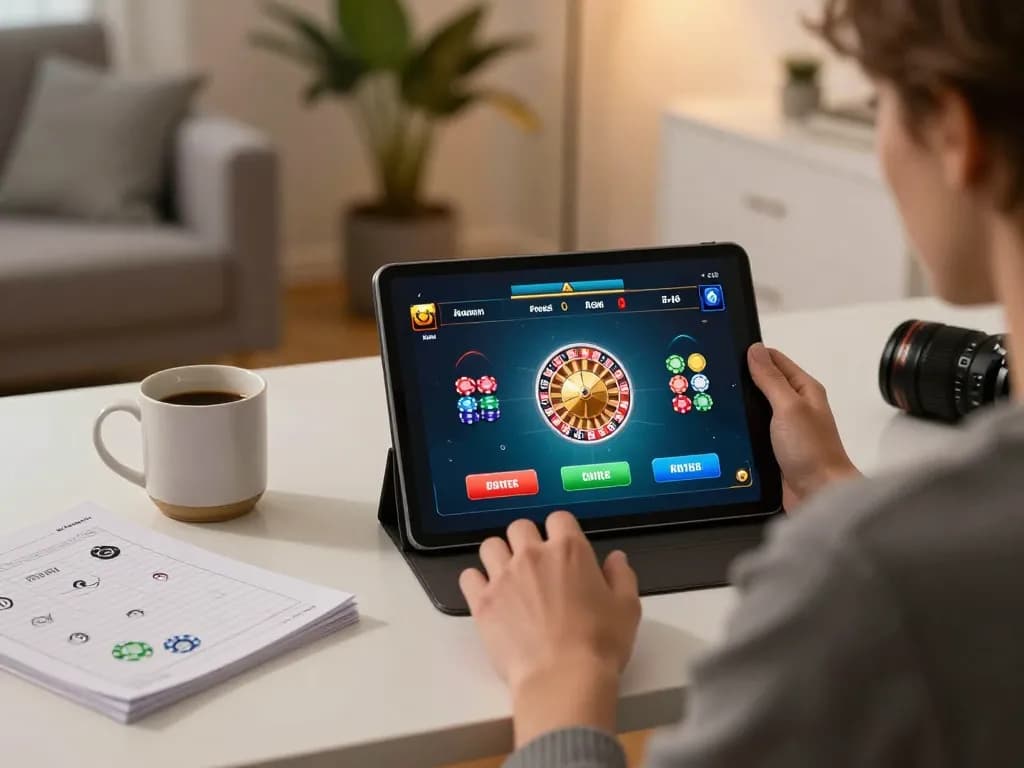 Engaging online gaming with TR88 on a tablet in a cozy home setting, promoting responsible gambling.