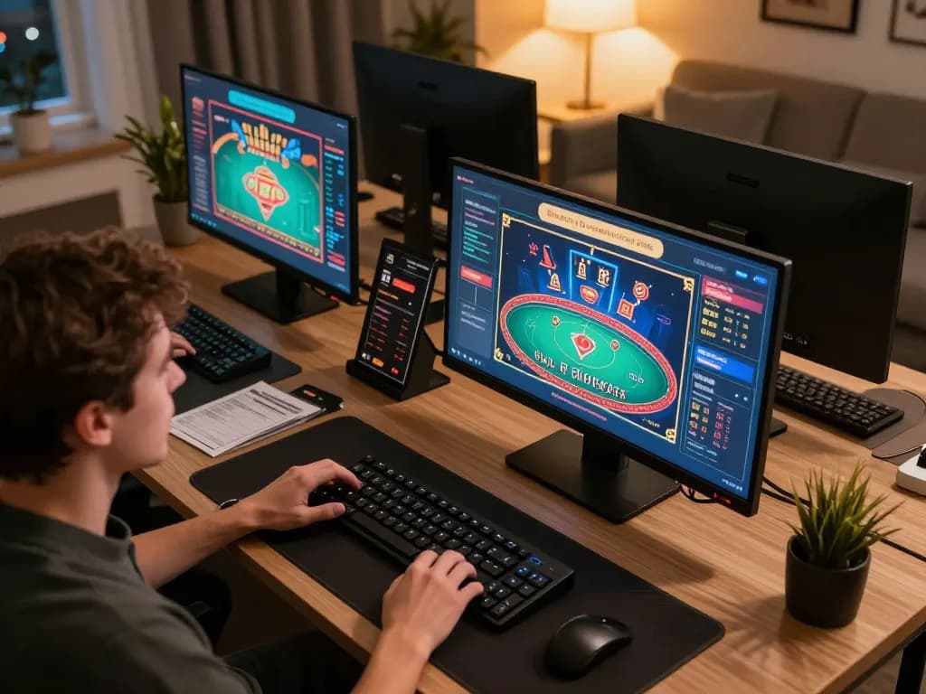 Engaged player using iwin platform on multiple screens in a modern gaming setup