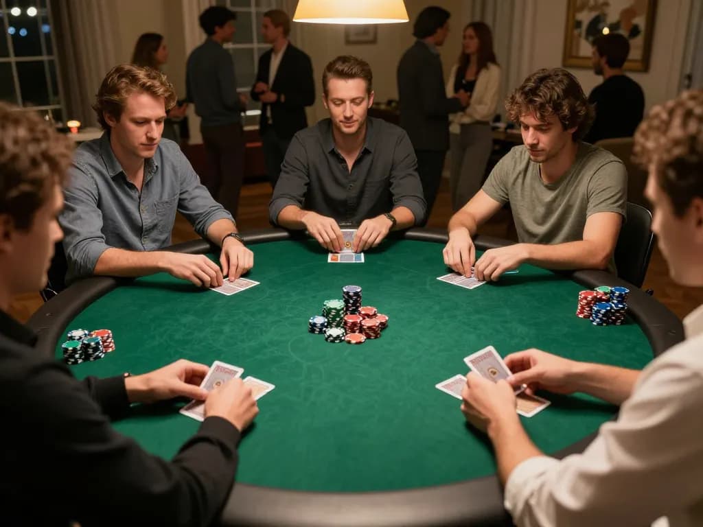 Players engaging in a strategic poker game at home, showcasing ABC999 excitement and friendly competition.